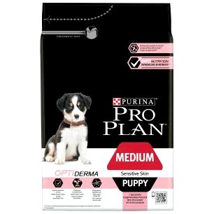 Сухой корм Purina Pro Plan для щенков средних пород с чувствительной кожей, лосось с рисом, пакет, 3 кг