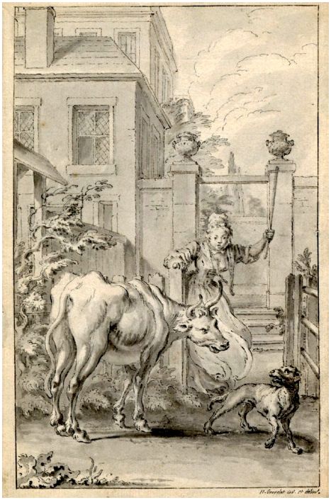 Иллюстрация к басне «Кухарка, вертельная собака и вол» Джона Гея (1738 г.)