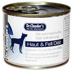 Dr. Clauder' /></p>
<p>100%</p>
<p>покупателей рекомендуют этот товар</p>
<p>Dr. Clauder’s Fur and Skin – ветеринарная диета для собак, страдающих дерматитом или выпадением шерсти. В основе корма – курица и рис. Комплекс масел поставляет жирные кислоты в организм питомца для здоровья кожного и шерстяного покрова.</p>
<p>Производитель отмечает, что консервы не должны быть основой ежедневного рациона животного. Они назначаются ветеринаром при выраженных проблемах. Выпускается корм в жестяных банках по 200 или 400 г.</p>
<p><strong>Плюсы:</strong></p>
<ul>
<li data-mce-word-list=