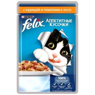 Влажный корм Purina Felix Аппетитные кусочки для кошек с курицей и томатами, пауч, 85 г