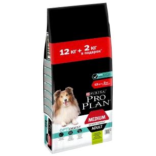 Сухой корм Purina Pro Plan для взрослых собак средних пород с чувствительным пищеварением с комплексом OPTIDIGEST, с ягненком и рисом, пакет, 12 кг + 2 кг