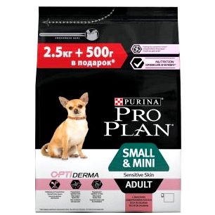 Сухой корм Purina Pro Plan для взрослых собак мелких и карликовых пород с чувствительной кожей, лосось с рисом, 3 кг, промо-упаковка
