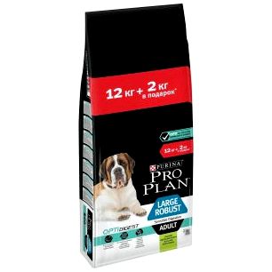 Сухой корм Purina Pro Plan для взрослых собак крупных пород с мощным телосложением с чувствительным пищеварением с комплексом OPTIDIGEST с ягненком и рисом, пакет, 12 кг + 2кг