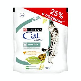 Сухой корм Purina Cat Chow для стерилизованных кошек и кастрированных котов, домашняя птица, промо-упаковка 400 г