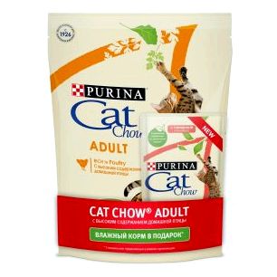 Сухой корм Purina Cat Chow для взрослых кошек с домашней птицей и индейкой 400 г + пауч 85 г