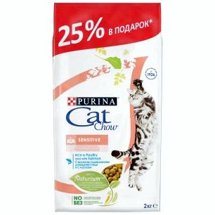 Сухой корм Purina Cat Chow Sensitive для взрослых кошек с чувствительным пищеварением, птица и лосось, пакет, 2 кг