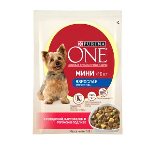 Влажный корм для собак мелких пород Purina ONE МИНИ Взрослая с говядиной, картофелем и горохом в подливе, пауч, 100 г