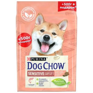 Промопак: сухой корм Purina Dog Chow для взрослых собак с чувствительным пищеварением, с лососем, пакет, 2 кг + 500 г