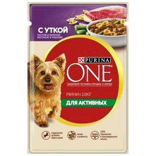 Влажный корм для собак мелких пород Purina ONE МИНИ для активных, с уткой, пастой и зеленой фасолью в подливе, пауч, 85 г