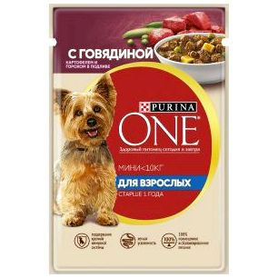 Влажный корм для взрослых собак мелких пород Purina ONE МИНИ с говядиной, картофелем и горохом в подливе, пауч, 85 г