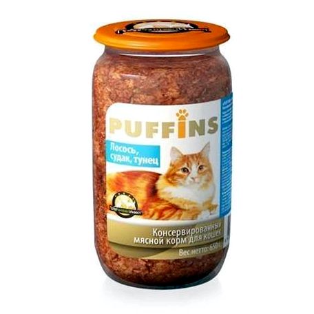 Puffins Консервы для Кошек Лосось, Судак и Тунец Стекло Упаковка 8 Шт.
